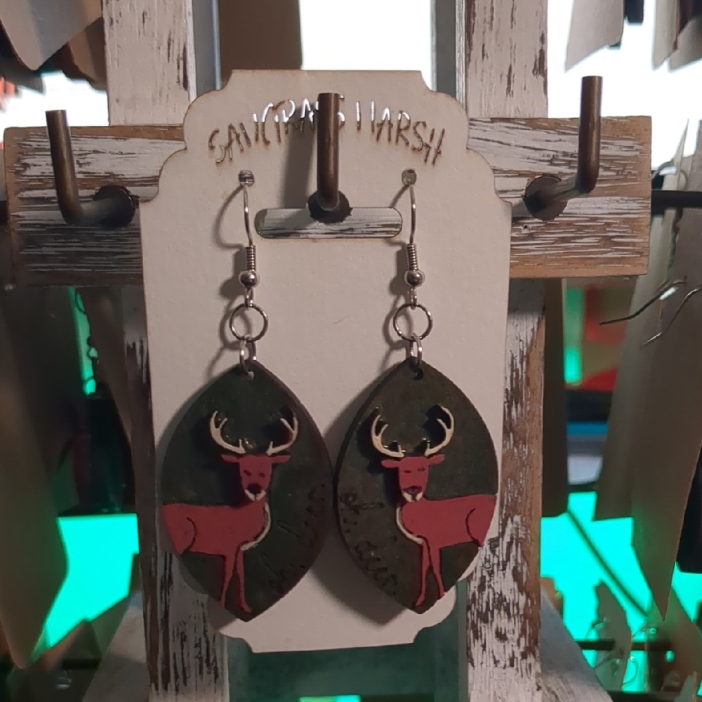 Handcrafted Wooden Deer Dangle Earrings Rustic Buck Wildlife Nature Western